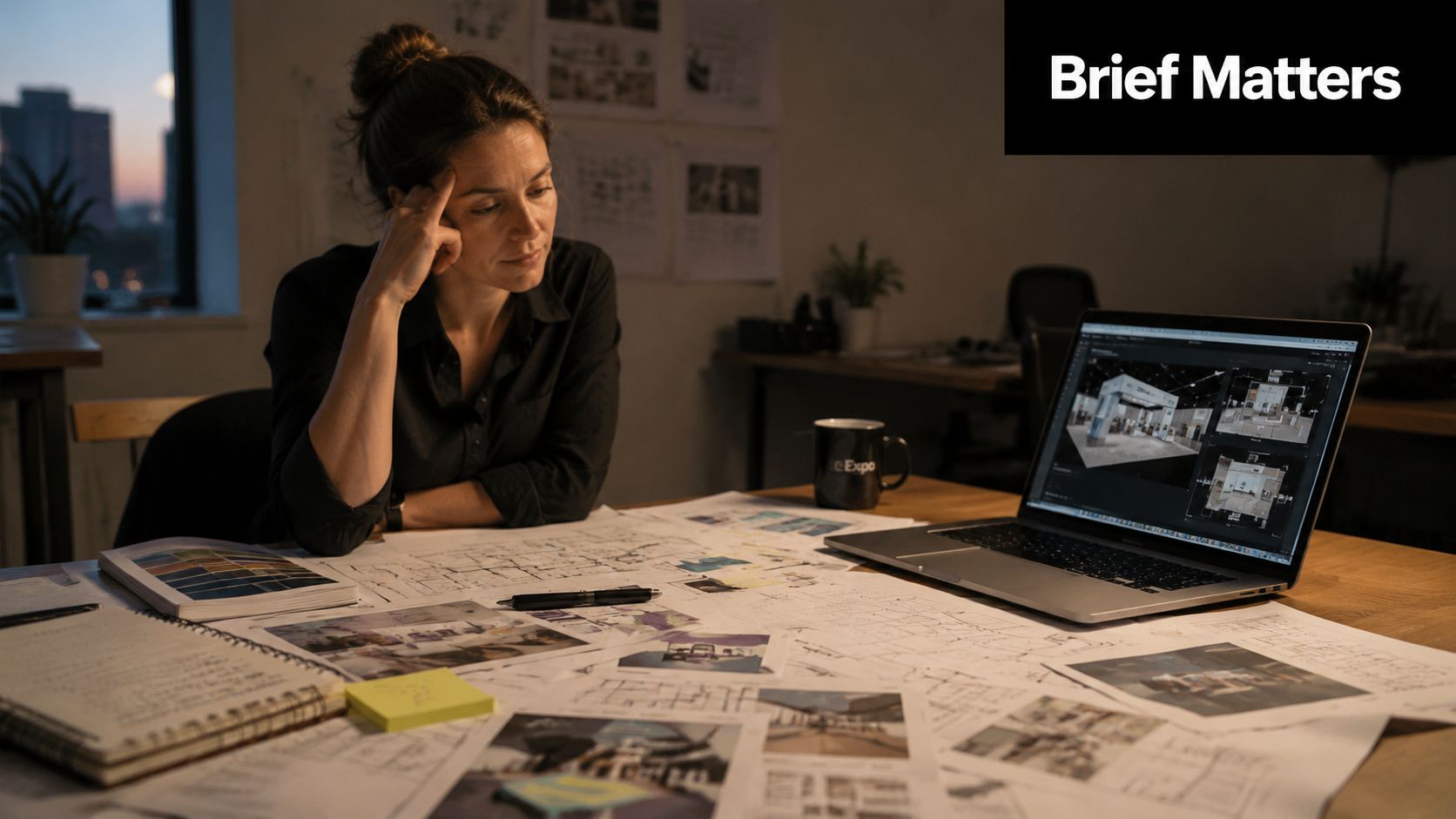 A professional interior designer reviewing blueprints and exhibition stand concepts at a desk late at night.