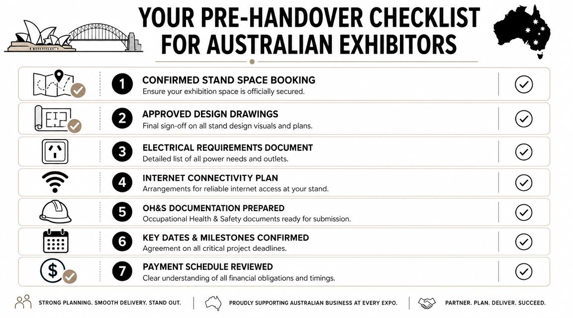 A seven-step pre-handover checklist for Australian exhibitors to ensure successful exhibition stand planning and delivery.