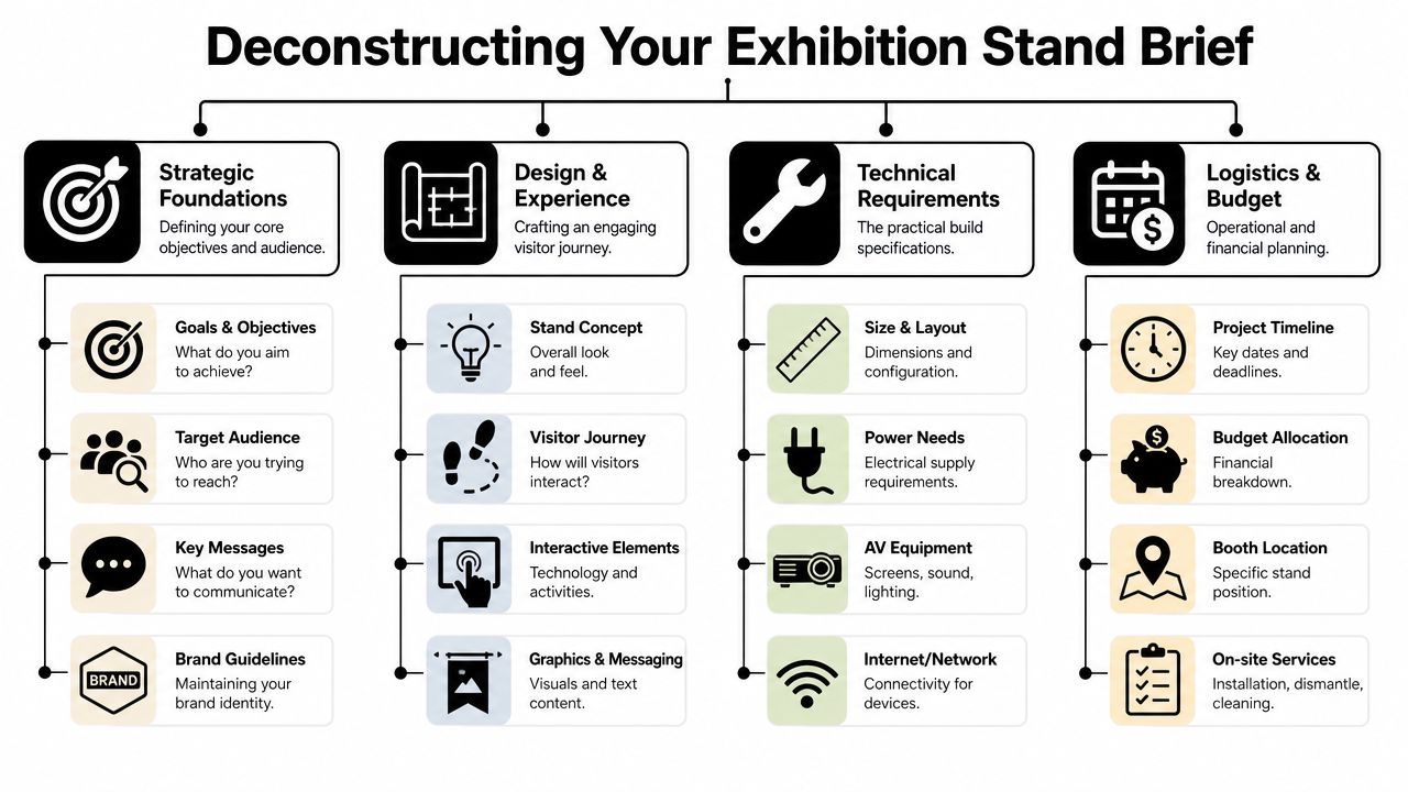 An infographic titled Deconstructing Your Exhibition Stand Brief, outlining strategic, design, technical, and logistical planning components.