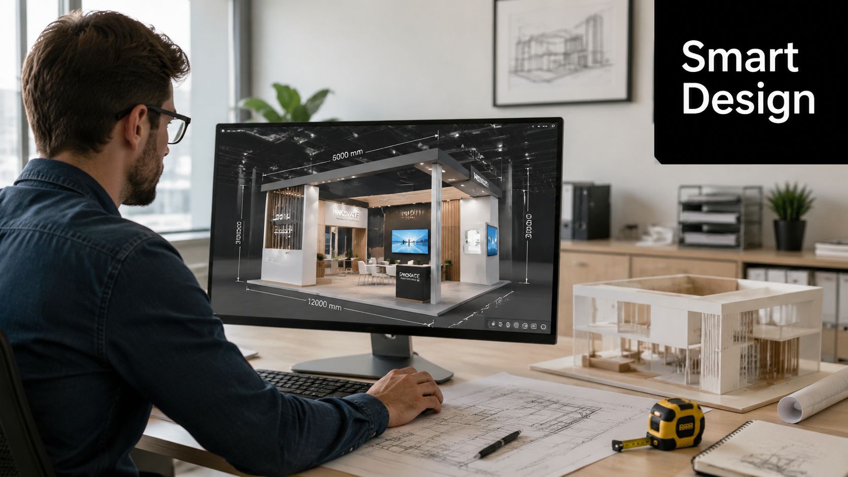 A professional designer working on a modern 3D exhibition booth render on a large computer monitor.