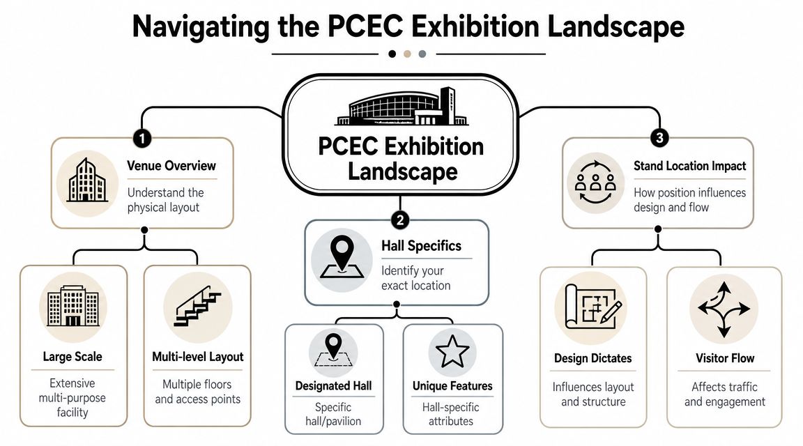 An infographic titled Navigating the PCEC Exhibition Landscape explaining key planning factors for trade show exhibitors.