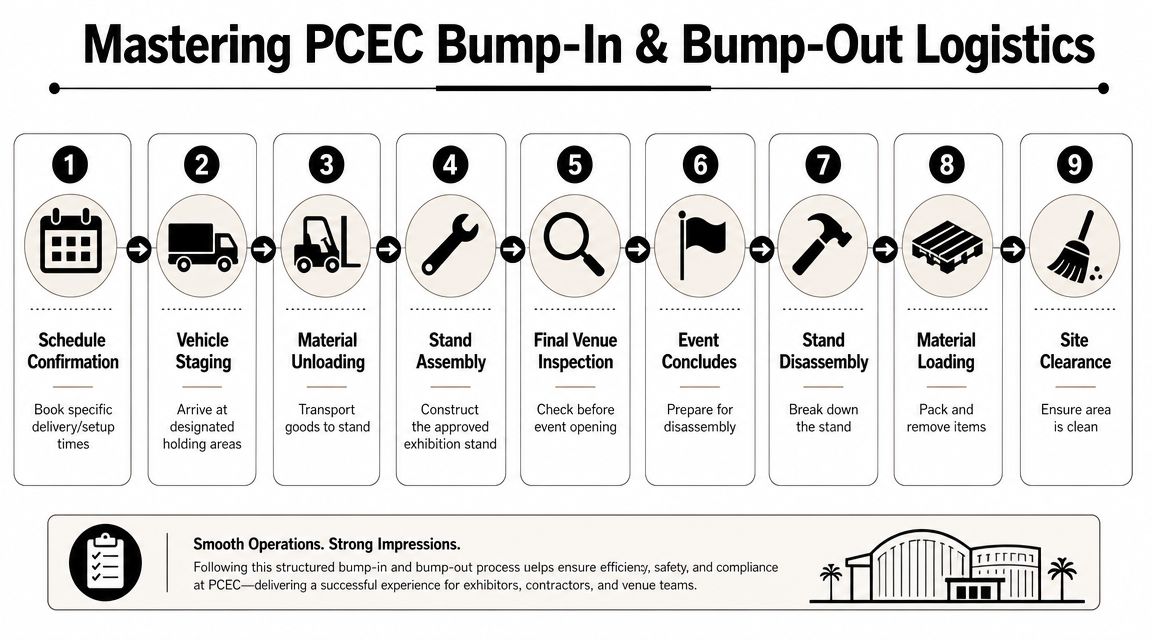 A nine-step flowchart detailing the exhibition bump-in and bump-out logistics process for PCEC events.