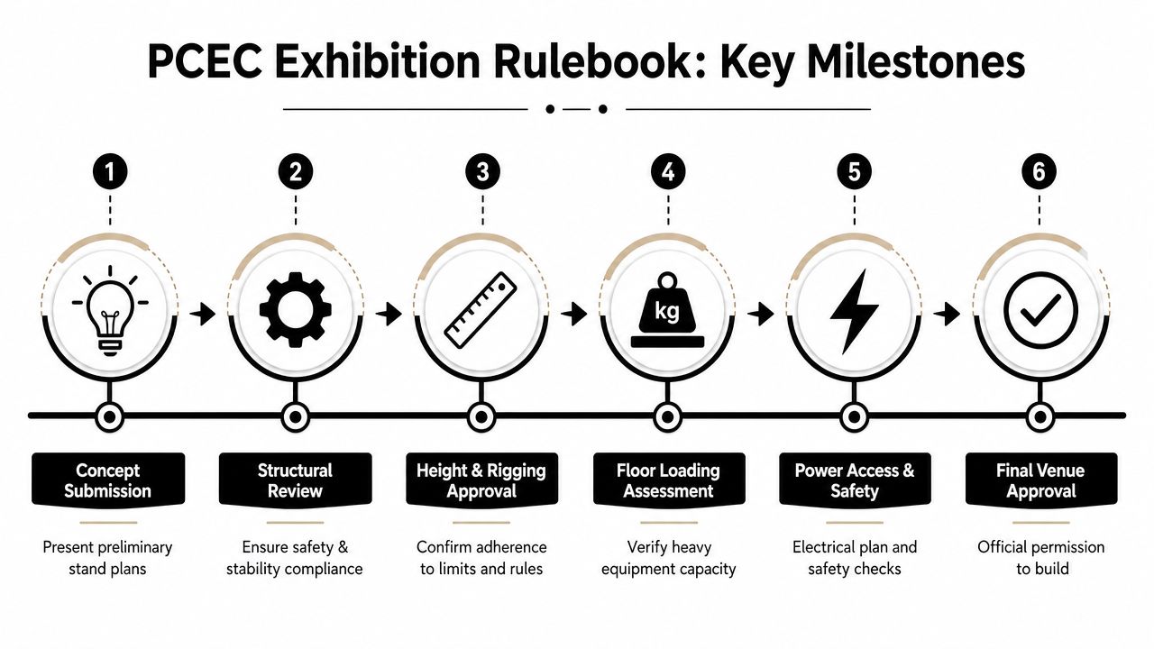 A six-step infographic detailing the PCEC exhibition stand milestone approval process for event planning and setup.
