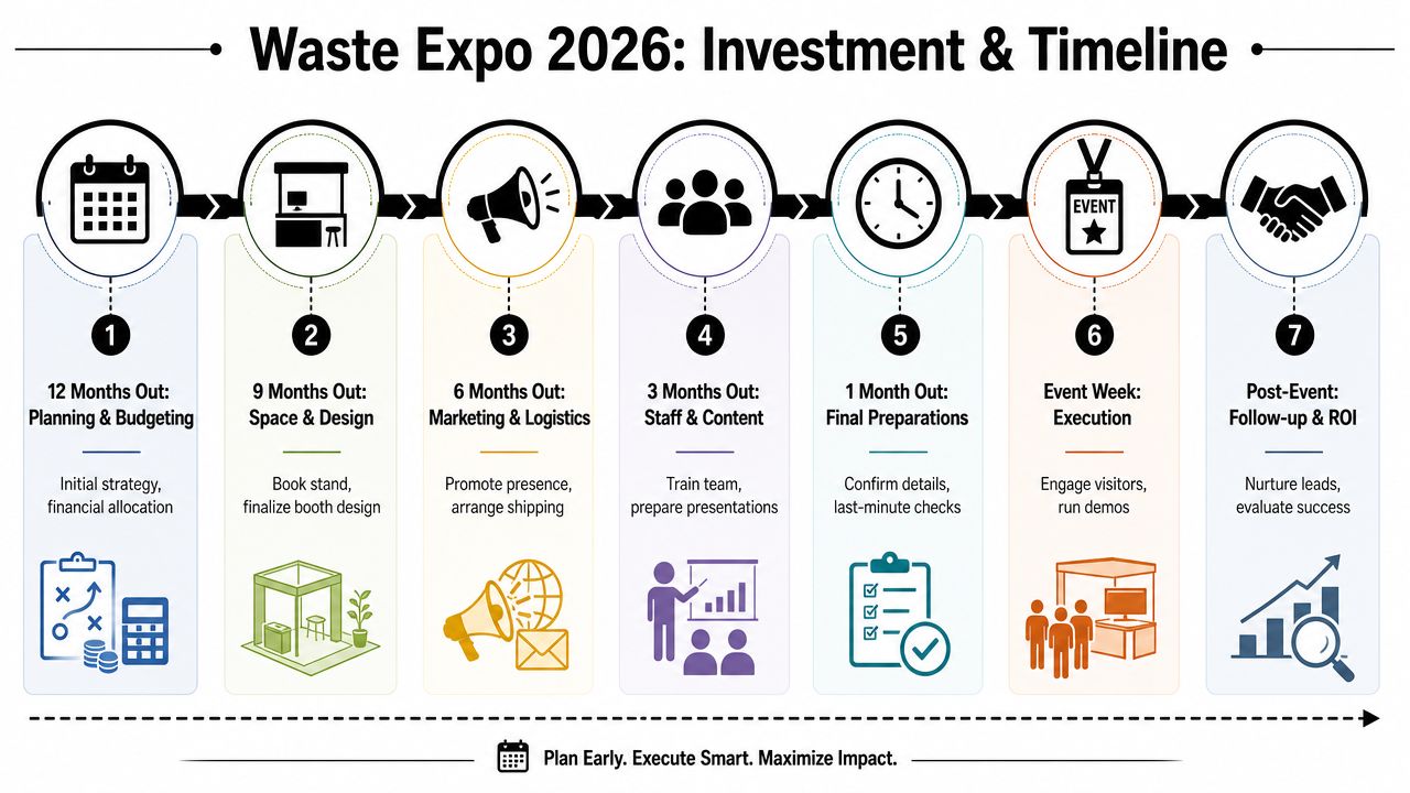 A timeline infographic outlining the seven steps for planning and investment strategies for the Waste Expo 2026 event.