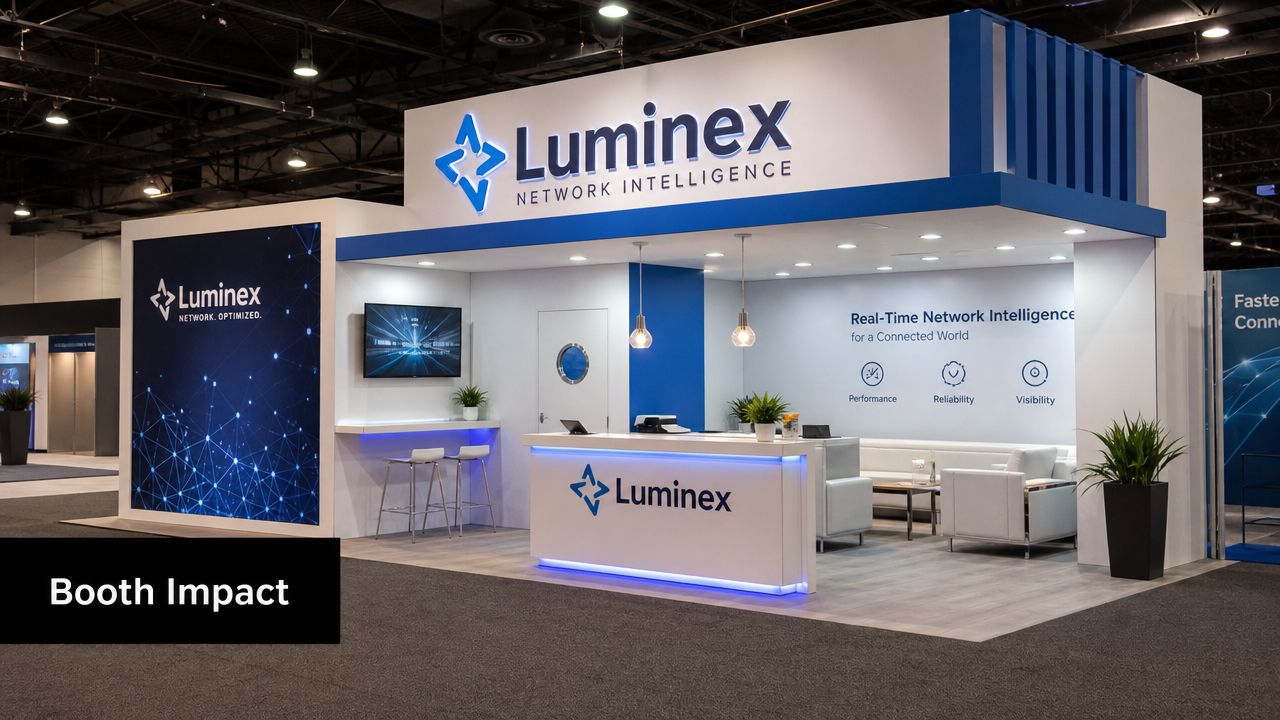 The Luminex Network Intelligence exhibition booth at a professional trade show featuring modern furniture and branded signage.
