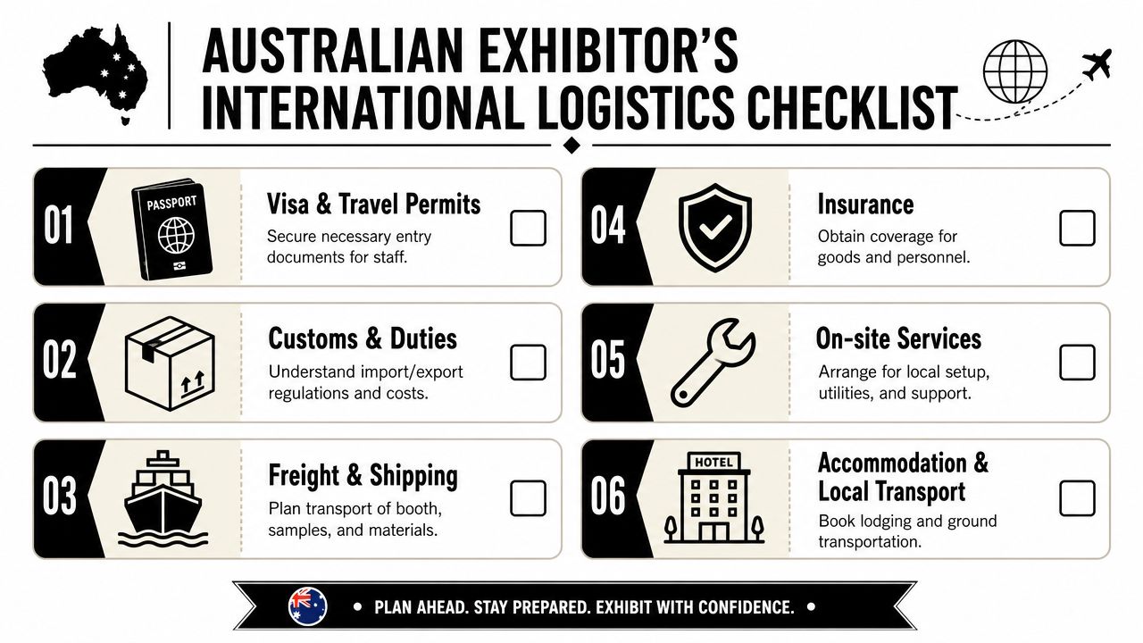 A professional logistics checklist graphic for Australian exhibitors planning international travel and trade show event logistics.