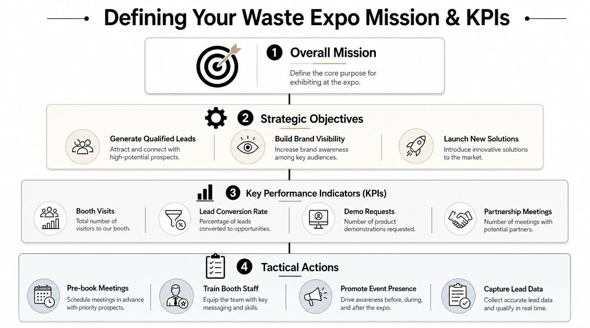 A structured flowchart outlining the four-step strategy for defining mission and KPIs at Waste Expo.